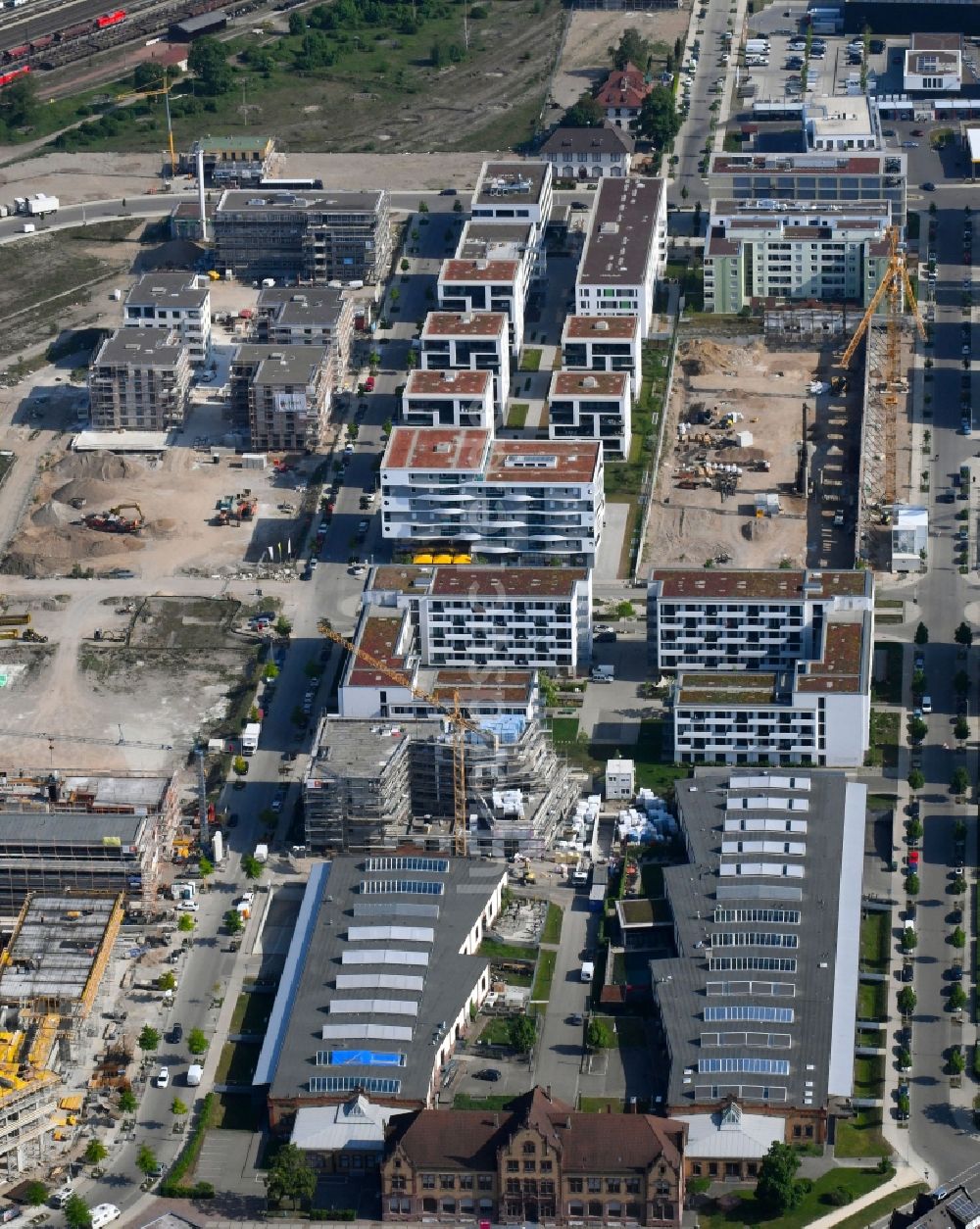 Freiburg im Breisgau von oben - Baustelle zum Neubau einer Mehrfamilienhaus-Wohnanlage an der Ellen-Gottlieb-Straße - Zita-Kaiser-Straße - Zollhallenstraße in Freiburg im Breisgau im Bundesland Baden-Württemberg, Deutschland