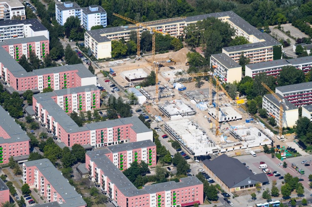 Berlin aus der Vogelperspektive: Baustelle zum Neubau einer Mehrfamilienhaus-Wohnanlage entlang der Tangermünder Straße im Ortsteil Hellersdorf in Berlin, Deutschland