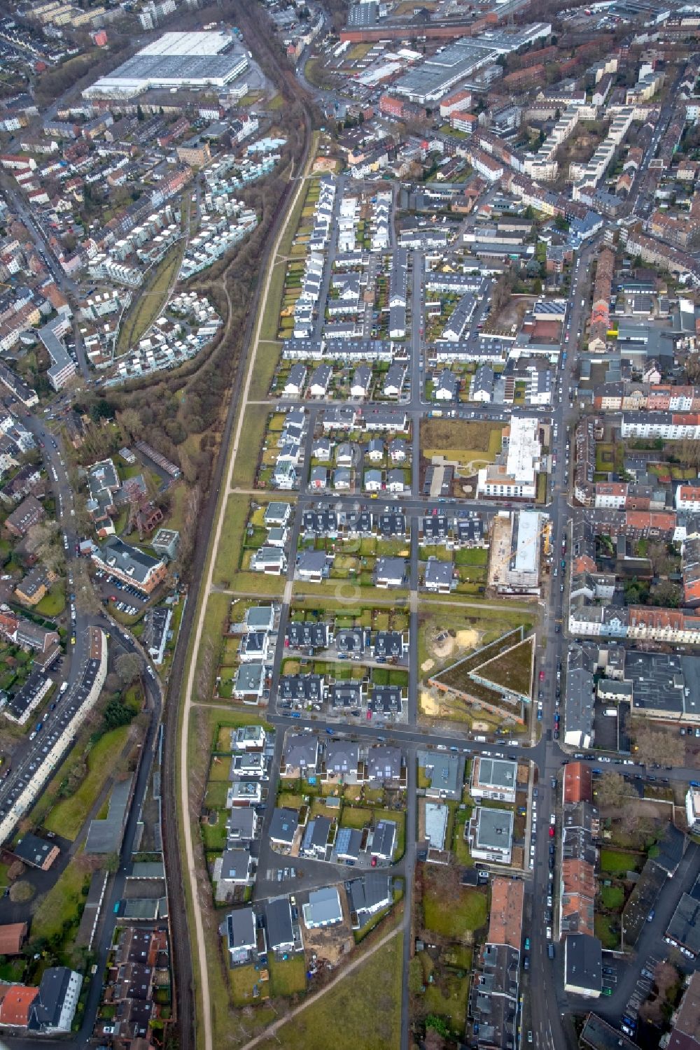 Luftaufnahme Gelsenkirchen - Baustelle zum Neubau einer Mehrfamilienhaus-Wohnanlage Feldahornstraße - Rheinische Straße im Ortsteil Gelsenkirchen-Mitte in Gelsenkirchen im Bundesland Nordrhein-Westfalen