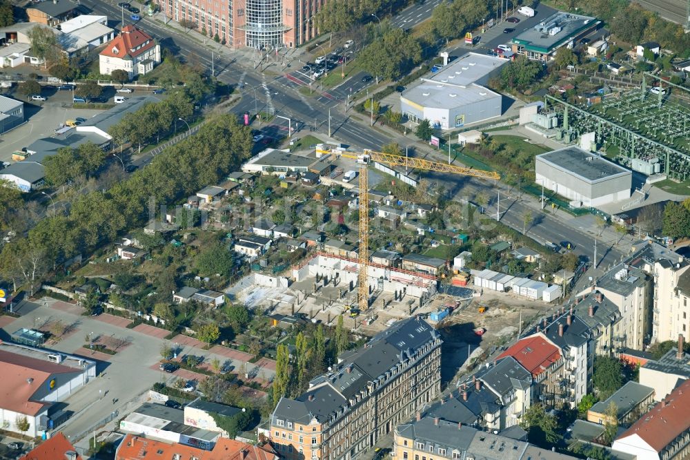 Luftaufnahme Dresden - Baustelle zum Neubau einer Mehrfamilienhaus-Wohnanlage an der Friedensstraße in Dresden im Bundesland Sachsen, Deutschland