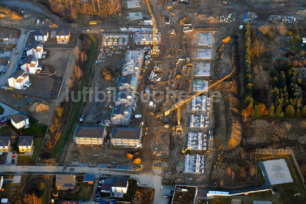 Bernau aus der Vogelperspektive: Baustelle zum Neubau einer Mehrfamilienhaus-Wohnanlage Friedenstaler Gärten im Ortsteil Friedenstal in Bernau im Bundesland Brandenburg, Deutschland