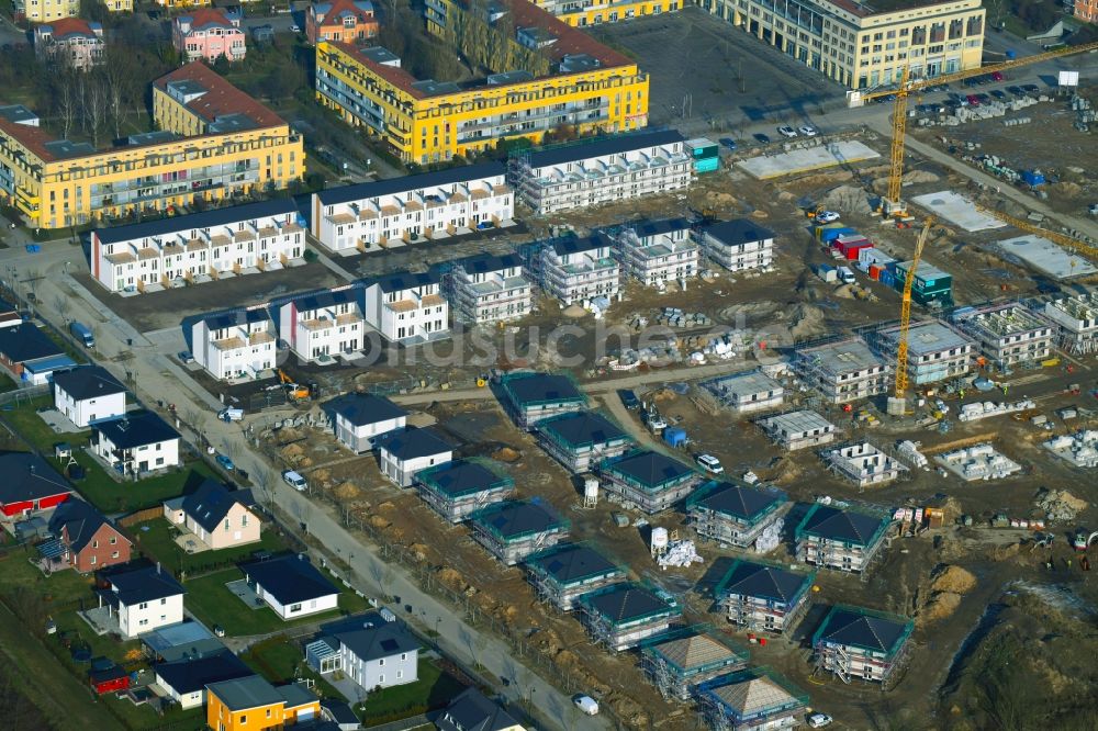 Luftbild Bernau - Baustelle zum Neubau einer Mehrfamilienhaus-Wohnanlage Friedenstaler Gärten an der Spreeallee - Havelstraße im Ortsteil Friedenstal in Bernau im Bundesland Brandenburg, Deutschland