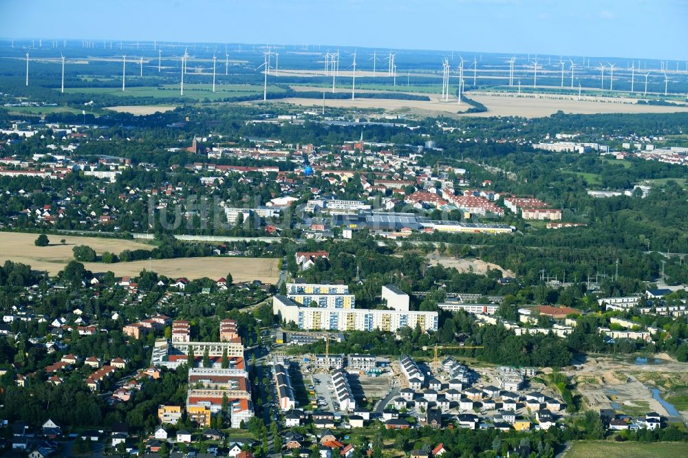 Bernau aus der Vogelperspektive: Baustelle zum Neubau einer Mehrfamilienhaus-Wohnanlage Friedenstaler Gärten an der Spreeallee - Havelstraße im Ortsteil Friedenstal in Bernau im Bundesland Brandenburg, Deutschland