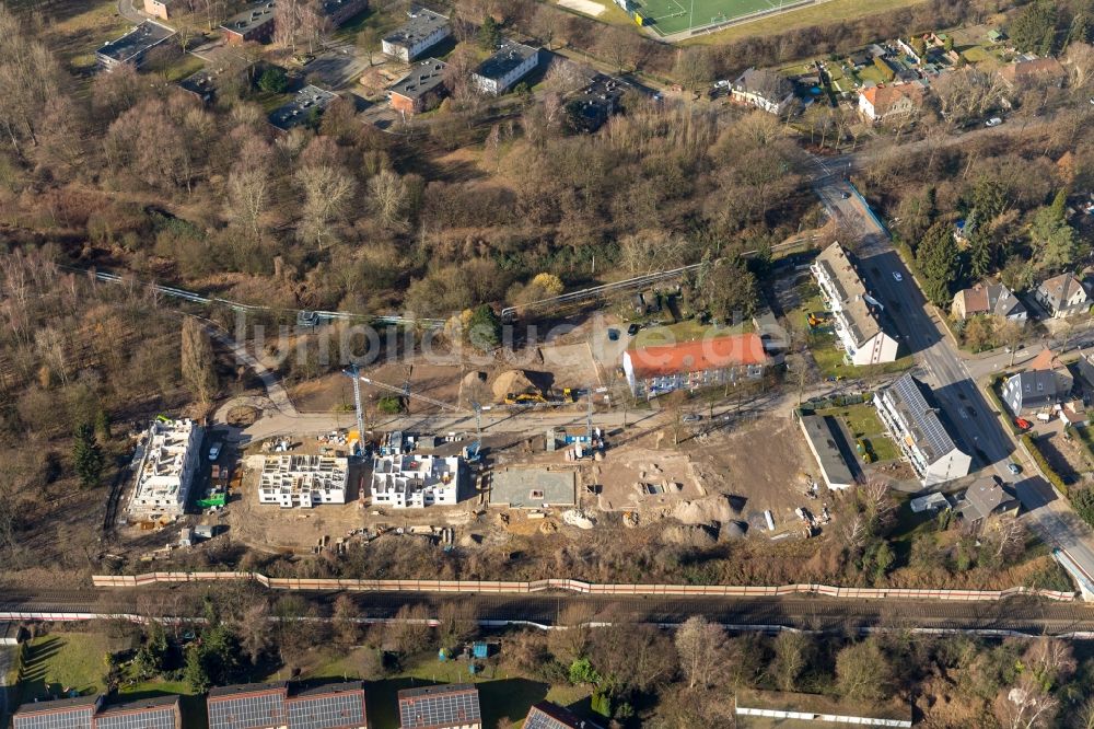 Luftaufnahme Bottrop - Baustelle zum Neubau einer Mehrfamilienhaus-Wohnanlage der Gesellschaft für Bauen und Wohnen Bottrop mbH in Bottrop im Bundesland Nordrhein-Westfalen, Deutschland