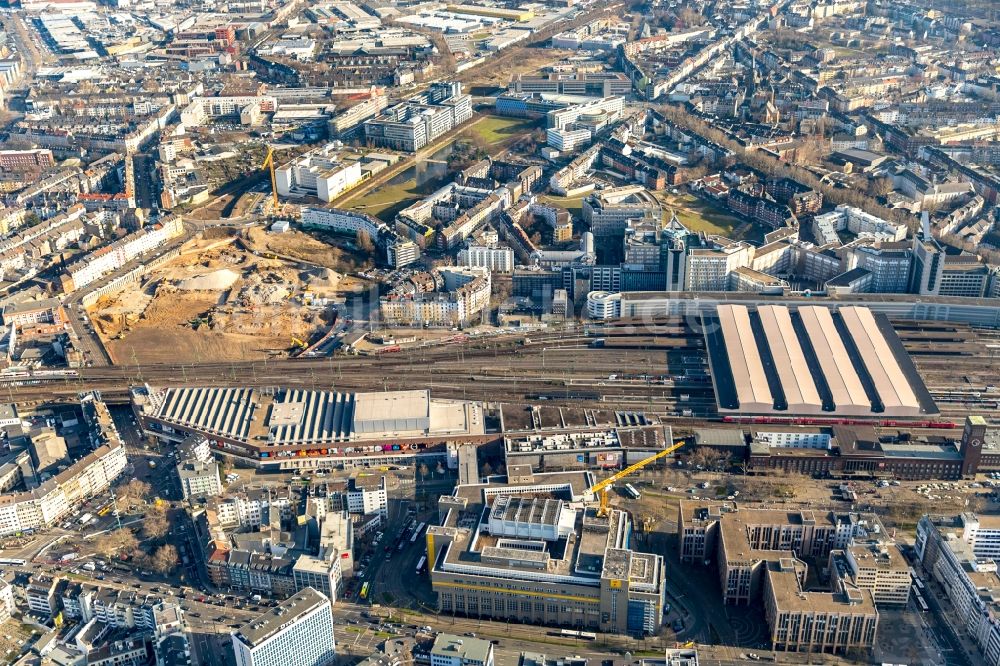 Luftaufnahme Düsseldorf - Baustelle zum Neubau einer Mehrfamilienhaus-Wohnanlage Grand Central im Ortsteil Oberbilk in Düsseldorf im Bundesland Nordrhein-Westfalen, Deutschland