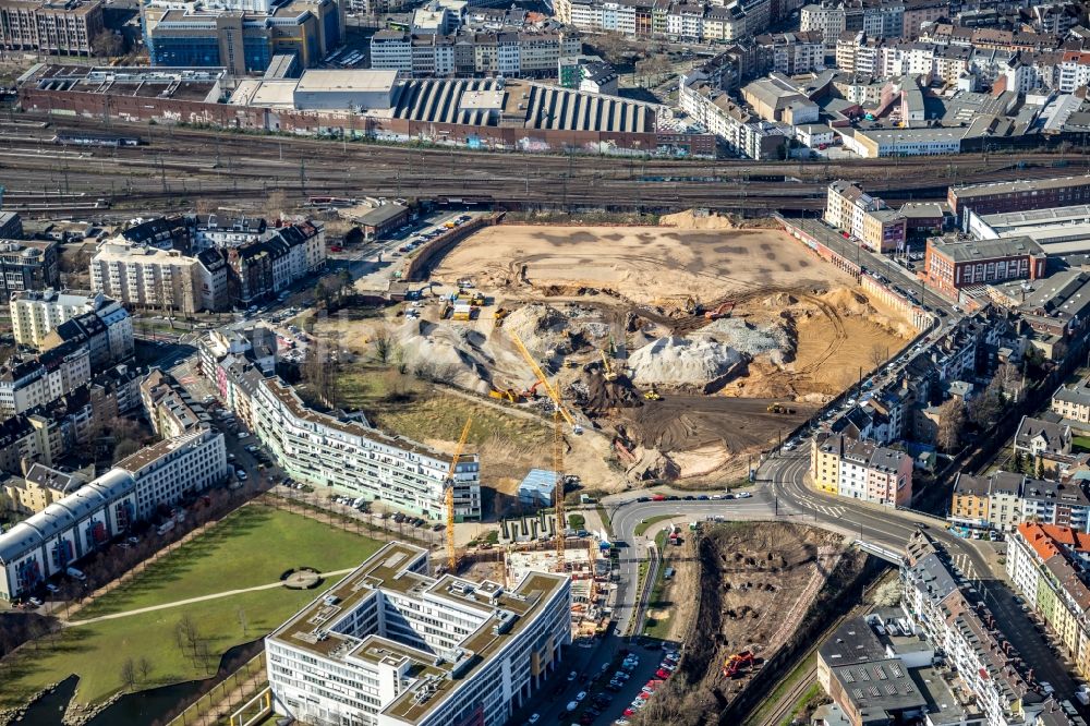 Düsseldorf aus der Vogelperspektive: Baustelle zum Neubau einer Mehrfamilienhaus-Wohnanlage Grand Central im Ortsteil Oberbilk in Düsseldorf im Bundesland Nordrhein-Westfalen, Deutschland