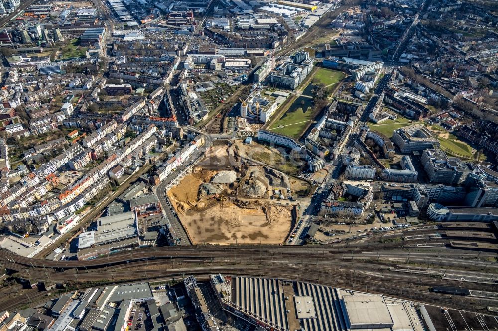 Luftbild Düsseldorf - Baustelle zum Neubau einer Mehrfamilienhaus-Wohnanlage Grand Central im Ortsteil Oberbilk in Düsseldorf im Bundesland Nordrhein-Westfalen, Deutschland