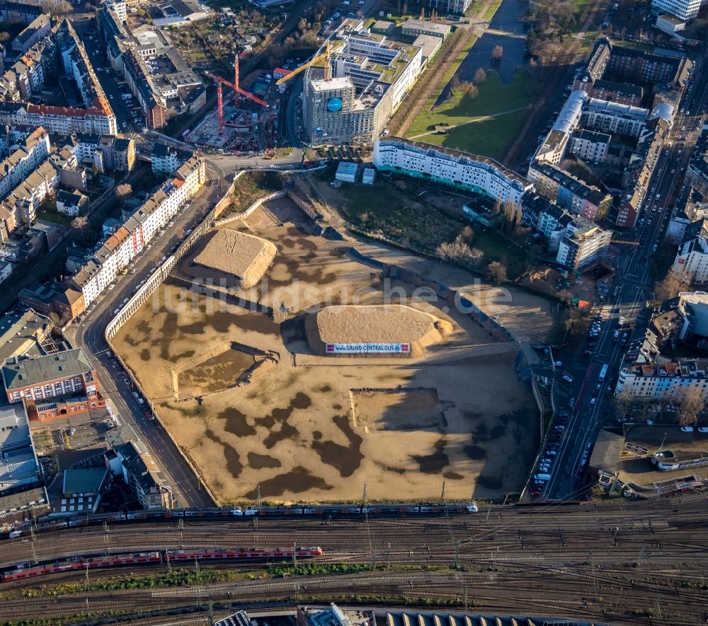 Düsseldorf aus der Vogelperspektive: Baustelle zum Neubau einer Mehrfamilienhaus-Wohnanlage Grand Central im Ortsteil Oberbilk in Düsseldorf im Bundesland Nordrhein-Westfalen, Deutschland