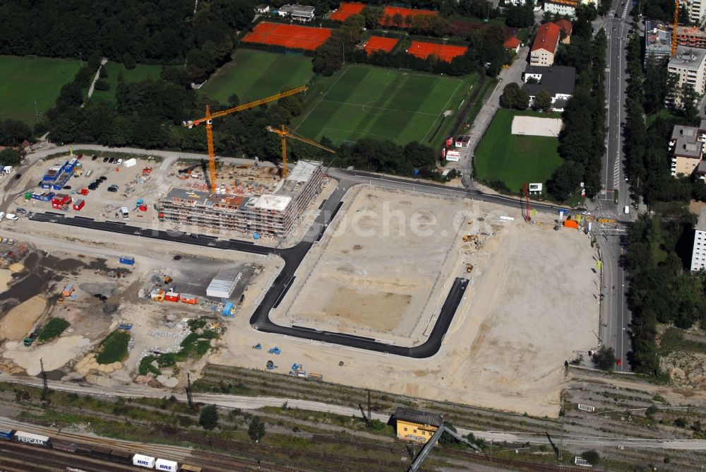 Luftaufnahme München - Baustelle zum Neubau einer Mehrfamilienhaus-Wohnanlage Am Hirschgarten im Ortsteil Neuhausen-Nymphenburg in München im Bundesland Bayern, Deutschland