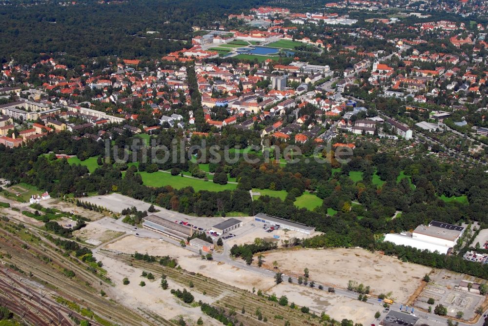 Luftbild München - Baustelle zum Neubau einer Mehrfamilienhaus-Wohnanlage Am Hirschgarten im Ortsteil Neuhausen-Nymphenburg in München im Bundesland Bayern, Deutschland