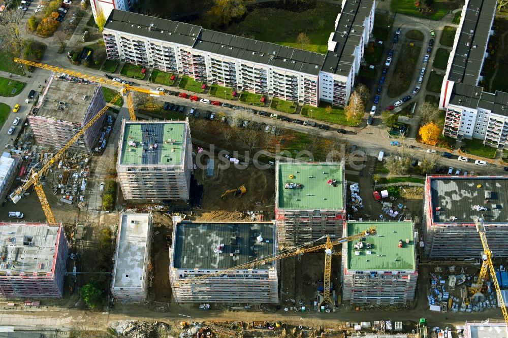 Berlin aus der Vogelperspektive: Baustelle zum Neubau einer Mehrfamilienhaus-Wohnanlage an der Karl-Holtz-Straße im Ortsteil Marzahn in Berlin, Deutschland