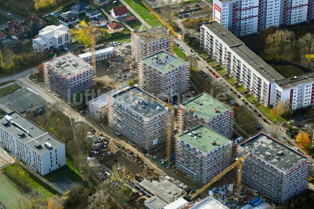 Luftaufnahme Berlin - Baustelle zum Neubau einer Mehrfamilienhaus-Wohnanlage an der Karl-Holtz-Straße im Ortsteil Marzahn in Berlin, Deutschland