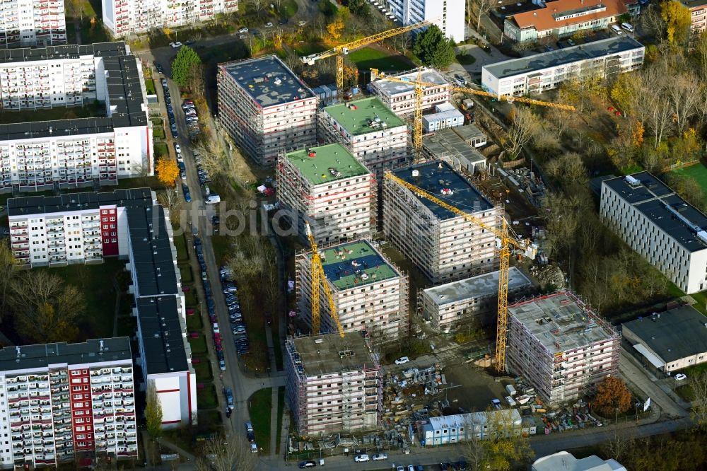 Luftaufnahme Berlin - Baustelle zum Neubau einer Mehrfamilienhaus-Wohnanlage an der Karl-Holtz-Straße im Ortsteil Marzahn in Berlin, Deutschland