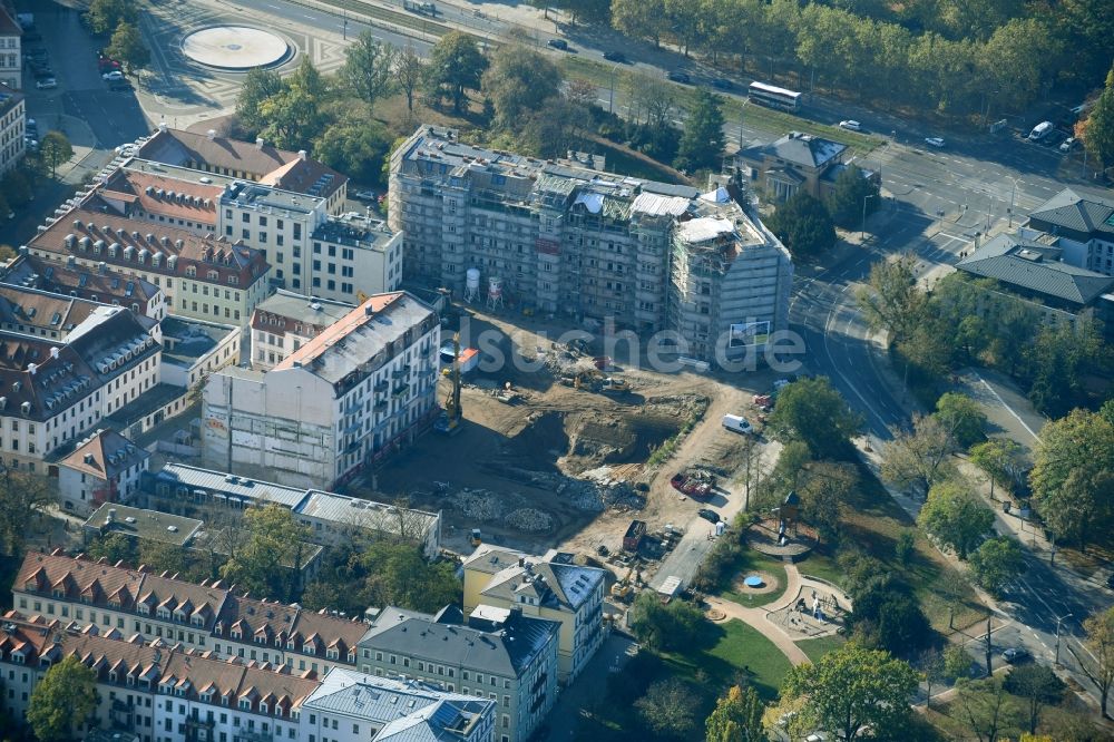 Dresden aus der Vogelperspektive: Baustelle zum Neubau einer Mehrfamilienhaus-Wohnanlage Königshöfe in Dresden im Bundesland Sachsen, Deutschland