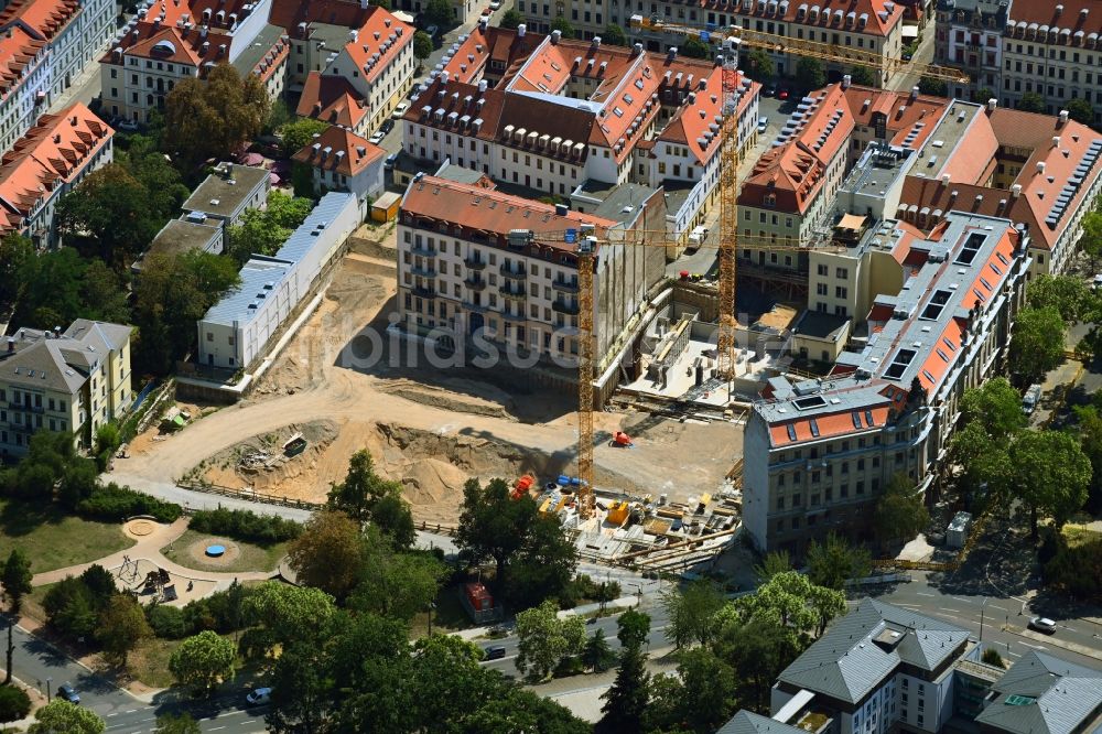 Dresden von oben - Baustelle zum Neubau einer Mehrfamilienhaus-Wohnanlage Königshöfe in Dresden im Bundesland Sachsen, Deutschland