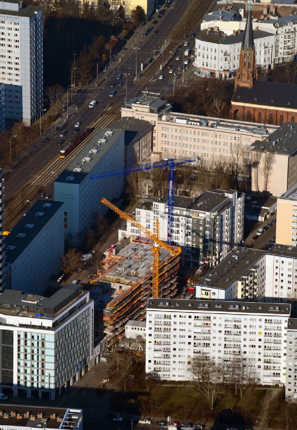 Luftaufnahme Berlin - Baustelle zum Neubau einer Mehrfamilienhaus-Wohnanlage Königstadt Quartier am Alexanderplatz in Berlin, Deutschland