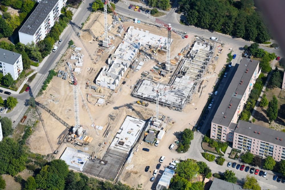 Luftbild Berlin - Baustelle zum Neubau einer Mehrfamilienhaus-Wohnanlage Lion-Feuchtwanger-Straße - Gadebuscher Straße im Ortsteil Hellersdorf in Berlin, Deutschland