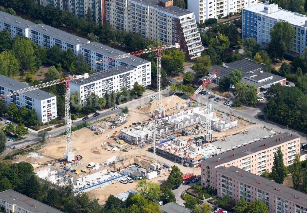 Berlin aus der Vogelperspektive: Baustelle zum Neubau einer Mehrfamilienhaus-Wohnanlage Lion-Feuchtwanger-Straße - Gadebuscher Straße im Ortsteil Hellersdorf in Berlin, Deutschland