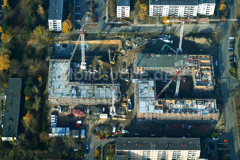 Berlin aus der Vogelperspektive: Baustelle zum Neubau einer Mehrfamilienhaus-Wohnanlage Lion-Feuchtwanger-Straße - Gadebuscher Straße im Ortsteil Hellersdorf in Berlin, Deutschland