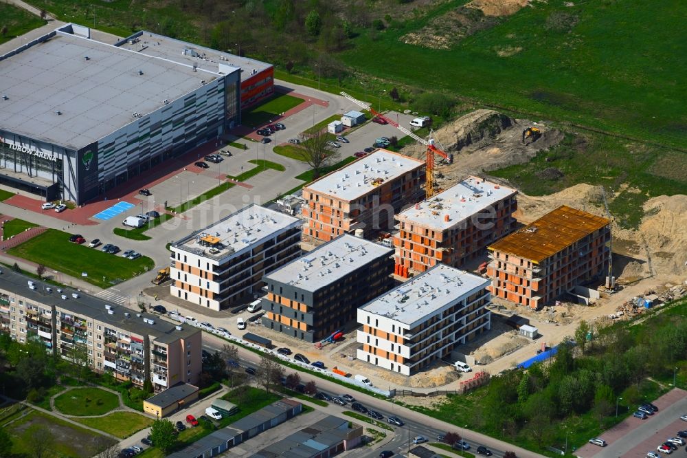 Luftbild Zgorzelec - Gerltsch - Baustelle zum Neubau einer Mehrfamilienhaus-Wohnanlage an der Lubanska in Zgorzelec - Gerltsch in Dolnoslaskie - Niederschlesien, Polen