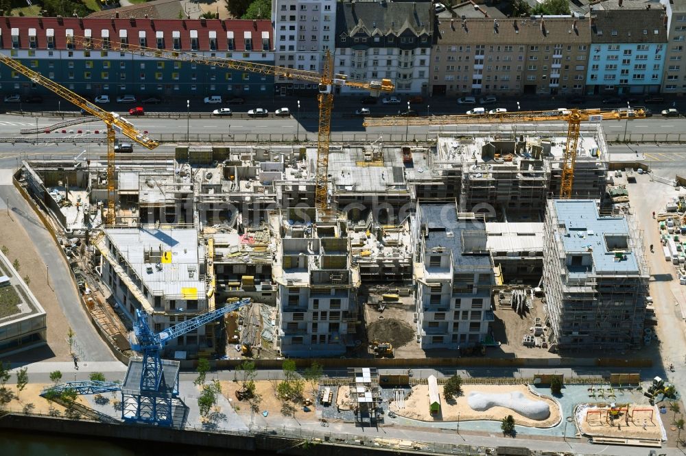 Luftaufnahme Offenbach am Main - Baustelle zum Neubau einer Mehrfamilienhaus-Wohnanlage Marina Gardens am Nordring im Ortsteil Nordend in Offenbach am Main im Bundesland Hessen, Deutschland