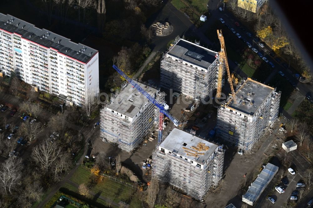 Luftaufnahme Berlin - Baustelle zum Neubau einer Mehrfamilienhaus-Wohnanlage an der Märkischen Allee Ecke Trusetaler Straße im Ortsteil Marzahn in Berlin, Deutschland