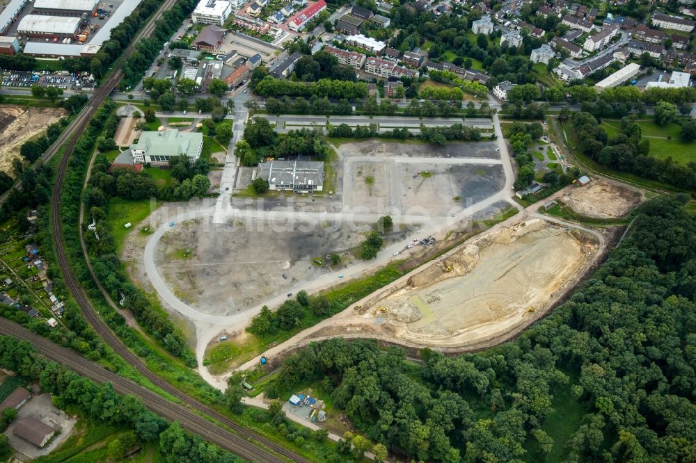 Recklinghausen von oben - Baustelle zum Neubau einer Mehrfamilienhaus-Wohnanlage neben dem Gelände der Palmkirmes und Vestlandhalle in Recklinghausen im Bundesland Nordrhein-Westfalen