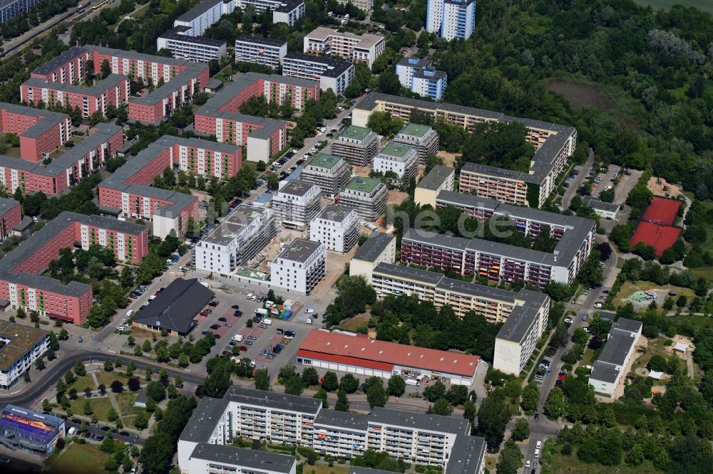 Berlin von oben - Baustelle zum Neubau einer Mehrfamilienhaus-Wohnanlage im Ortsteil Hellersdorf in Berlin, Deutschland