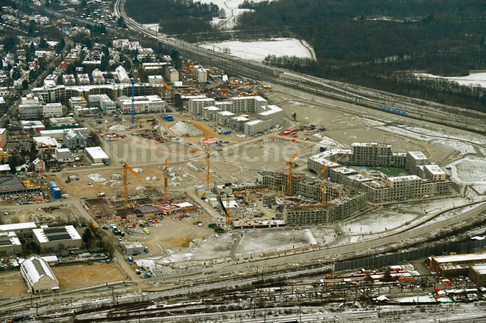 München aus der Vogelperspektive: Baustelle zum Neubau einer Mehrfamilienhaus-Wohnanlage im Ortsteil Pasing-Obermenzing in München im Bundesland Bayern, Deutschland