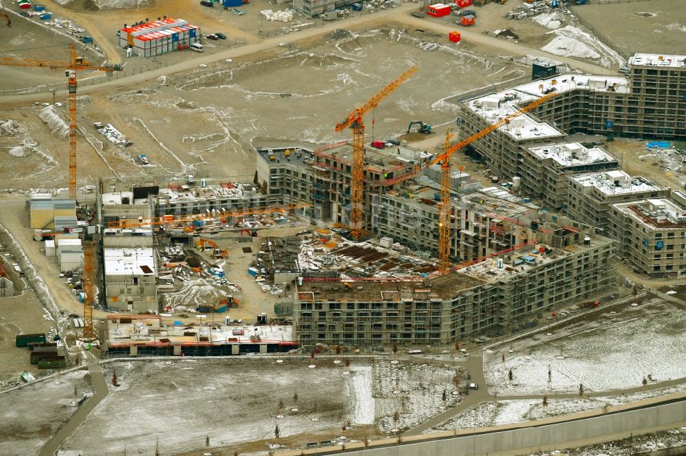 Luftaufnahme München - Baustelle zum Neubau einer Mehrfamilienhaus-Wohnanlage im Ortsteil Pasing-Obermenzing in München im Bundesland Bayern, Deutschland