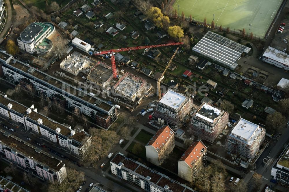 Luftbild Berlin - Baustelle zum Neubau einer Mehrfamilienhaus-Wohnanlage an der Palmkernzeile auf der Halbinsel Stralau in Berlin