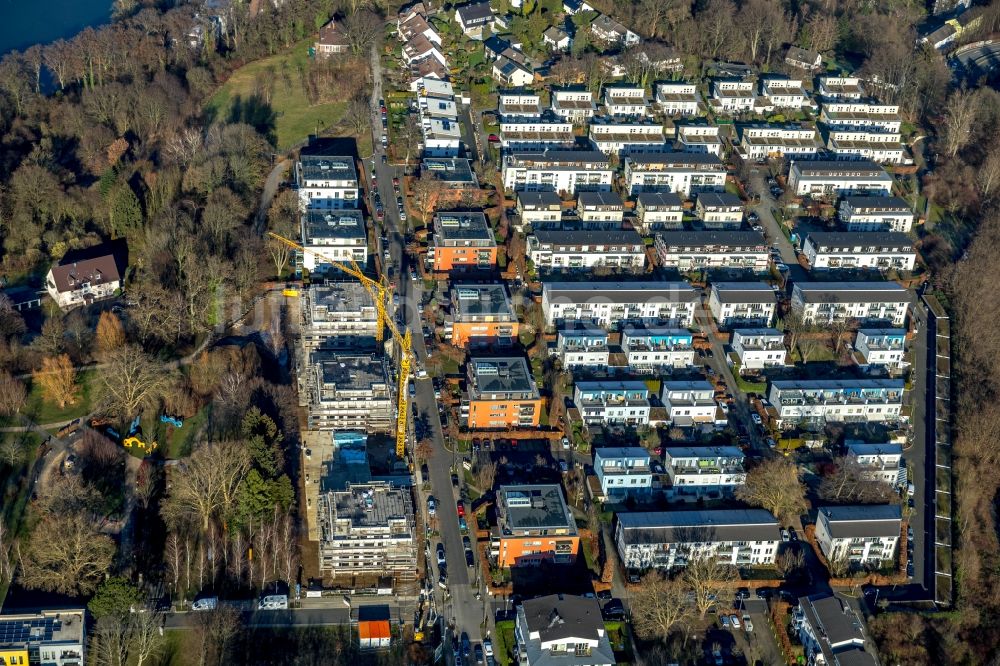 Essen von oben - Baustelle zum Neubau einer Mehrfamilienhaus-Wohnanlage ParkBlick der Allbau GmbH in Essen im Bundesland Nordrhein-Westfalen, Deutschland