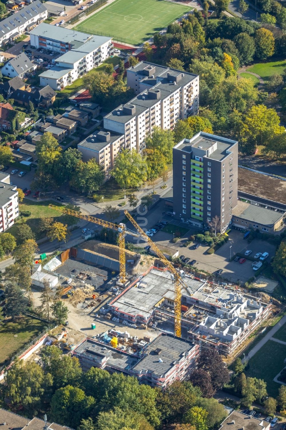 Unna aus der Vogelperspektive: Baustelle zum Neubau einer Mehrfamilienhaus-Wohnanlage Parkquartier Königsborn in Unna im Bundesland Nordrhein-Westfalen, Deutschland