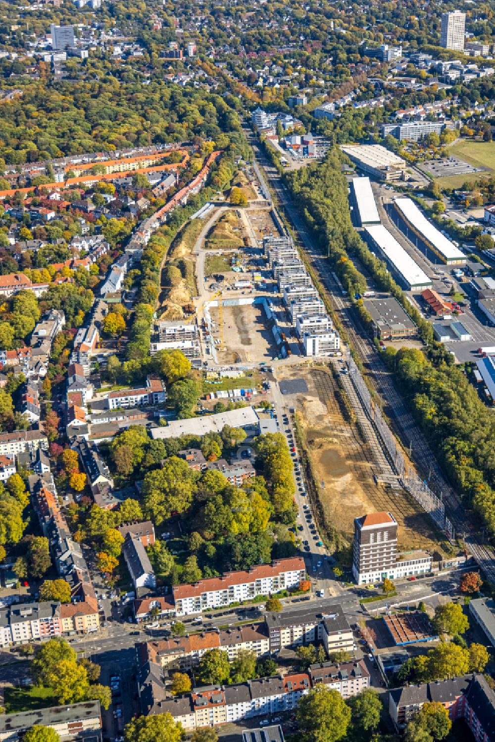 Dortmund aus der Vogelperspektive: Baustelle zum Neubau einer Mehrfamilienhaus- Wohnanlage des Projekts Kronprinzenviertel Am Wasserturm - Heiliger Weg in Dortmund im Bundesland Nordrhein-Westfalen, Deutschland