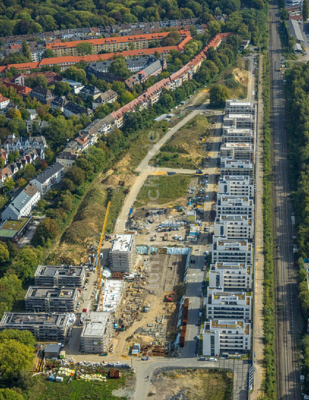 Dortmund aus der Vogelperspektive: Baustelle zum Neubau einer Mehrfamilienhaus- Wohnanlage des Projekts Kronprinzenviertel Am Wasserturm - Heiliger Weg in Dortmund im Bundesland Nordrhein-Westfalen, Deutschland