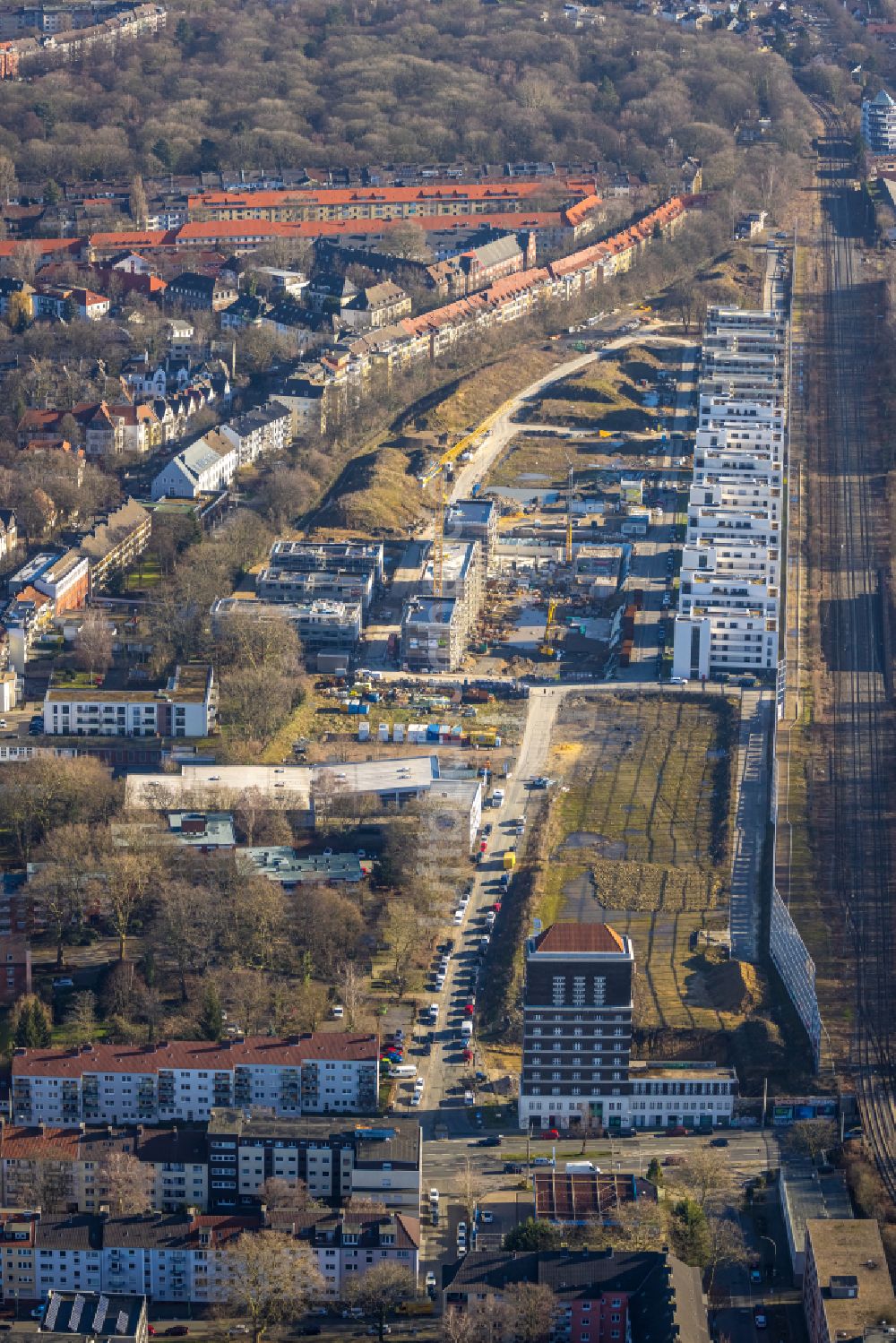 Dortmund aus der Vogelperspektive: Baustelle zum Neubau einer Mehrfamilienhaus- Wohnanlage des Projekts Kronprinzenviertel Am Wasserturm - Heiliger Weg in Dortmund im Bundesland Nordrhein-Westfalen, Deutschland