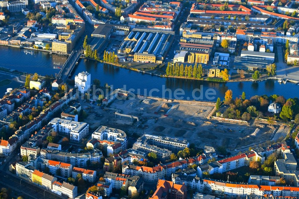 Berlin von oben - Baustelle zum Neubau einer Mehrfamilienhaus-Wohnanlage Quartier WOHNWERK im Ortsteil Schöneweide in Berlin, Deutschland