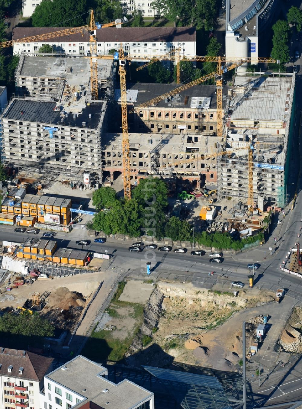 Dresden aus der Vogelperspektive: Baustelle zum Neubau einer Mehrfamilienhaus-Wohnanlage Residenz am Postplatz der CG Gruppe AG an der Annenstraße im Ortsteil Altstadt in Dresden im Bundesland Sachsen, Deutschland