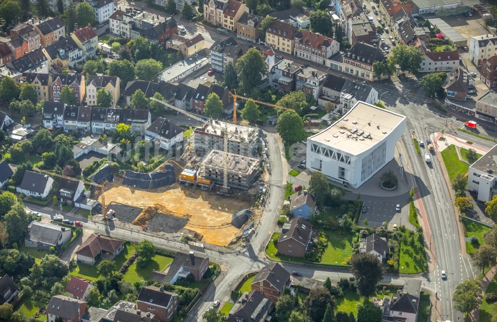 Hamm von oben - Baustelle zum Neubau einer Mehrfamilienhaus-Wohnanlage Rietzgartenstraße in Hamm im Bundesland Nordrhein-Westfalen - NRW, Deutschland