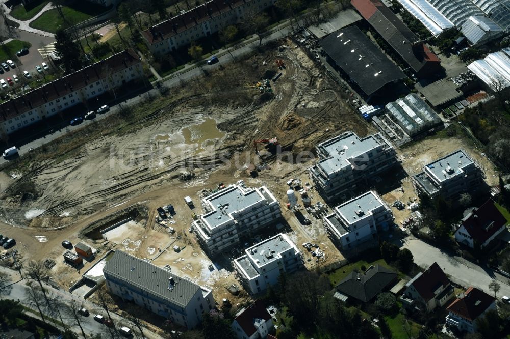 Berlin von oben - Baustelle zum Neubau einer Mehrfamilienhaus- Wohnanlage der Schmohl + Sohn Bauunternehmung GmbH an der Sundgauer Straße - Schlettstadter Straße in Berlin Zehlendorf