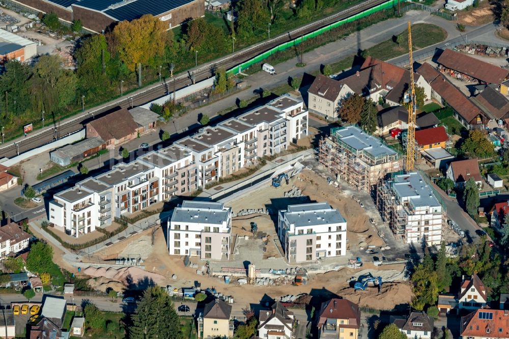 Luftaufnahme Kenzingen - Baustelle zum Neubau einer Mehrfamilienhaus-Wohnanlage Seeleben im Kenzinger Quartier am Wasser in Kenzingen im Bundesland Baden-Württemberg, Deutschland