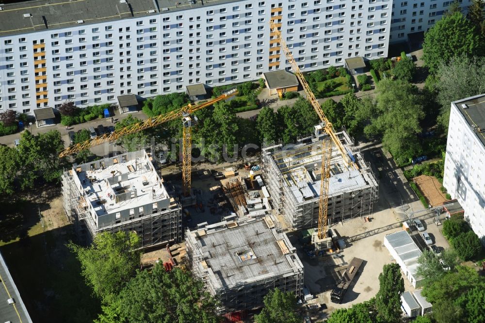 Berlin aus der Vogelperspektive: Baustelle zum Neubau einer Mehrfamilienhaus-Wohnanlage Stadthäuser Dolgenseestraße der Wohnungsbaugesellschaft HOWOGE im Ortsteil Lichtenberg in Berlin, Deutschland