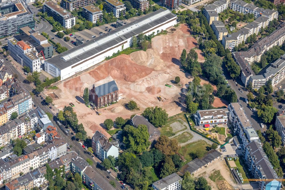 Luftaufnahme Düsseldorf - Baustelle zum Neubau einer Mehrfamilienhaus-Wohnanlage Ulmer Höh - Stadtquartier maxfrei' in Düsseldorf im Bundesland Nordrhein-Westfalen, Deutschland