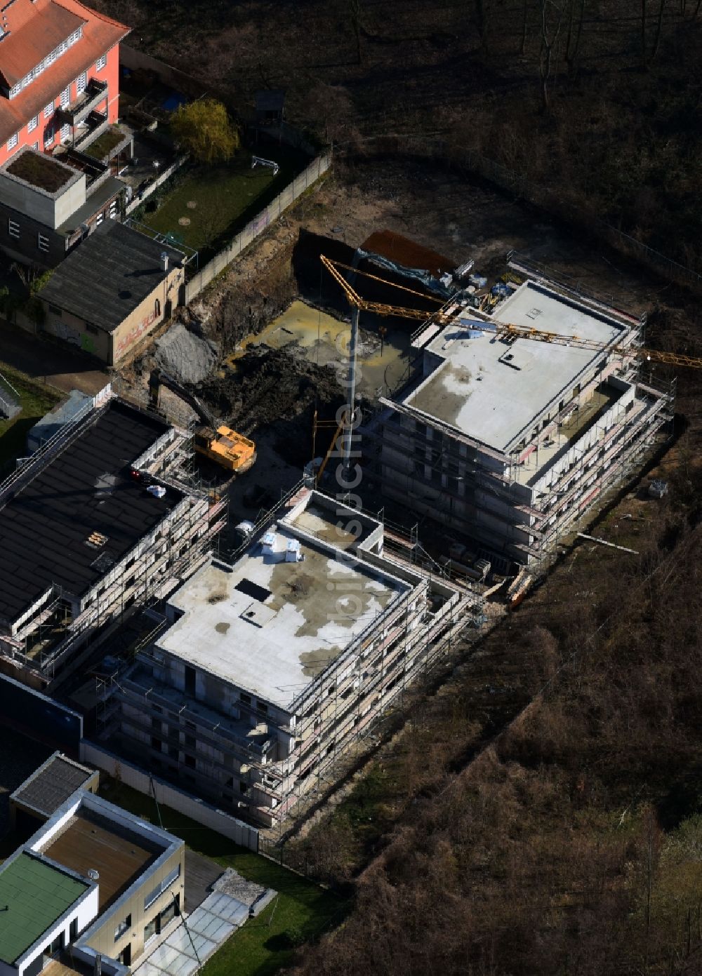 Luftbild Leipzig - Baustelle zum Neubau einer Mehrfamilienhaus-Wohnanlage Urbanes Leben am Auewald an der Fockestraße im Ortsteil Süd in Leipzig im Bundesland Sachsen