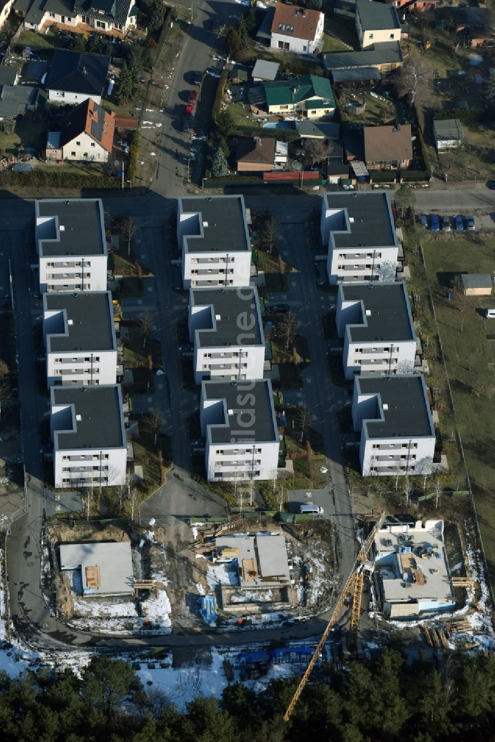 Luftbild Berlin - Baustelle zum Neubau einer Mehrfamilienhaus-Wohnanlage Waldkiefernweg - Fähenweg - Waldstraße im Ortsteil Grünau in Berlin