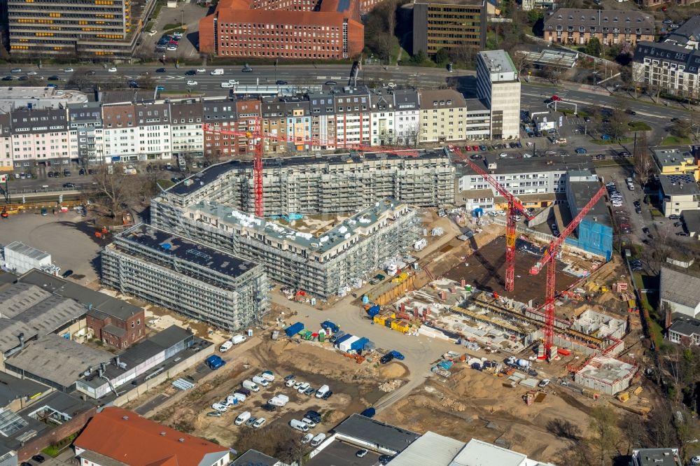 Luftaufnahme Düsseldorf - Baustelle zum Neubau der Mehrfamilienhaus-Wohnanlage WILMA-Wohngebiet Freiraum im Ortsteil Bilk in Düsseldorf im Bundesland Nordrhein-Westfalen, Deutschland