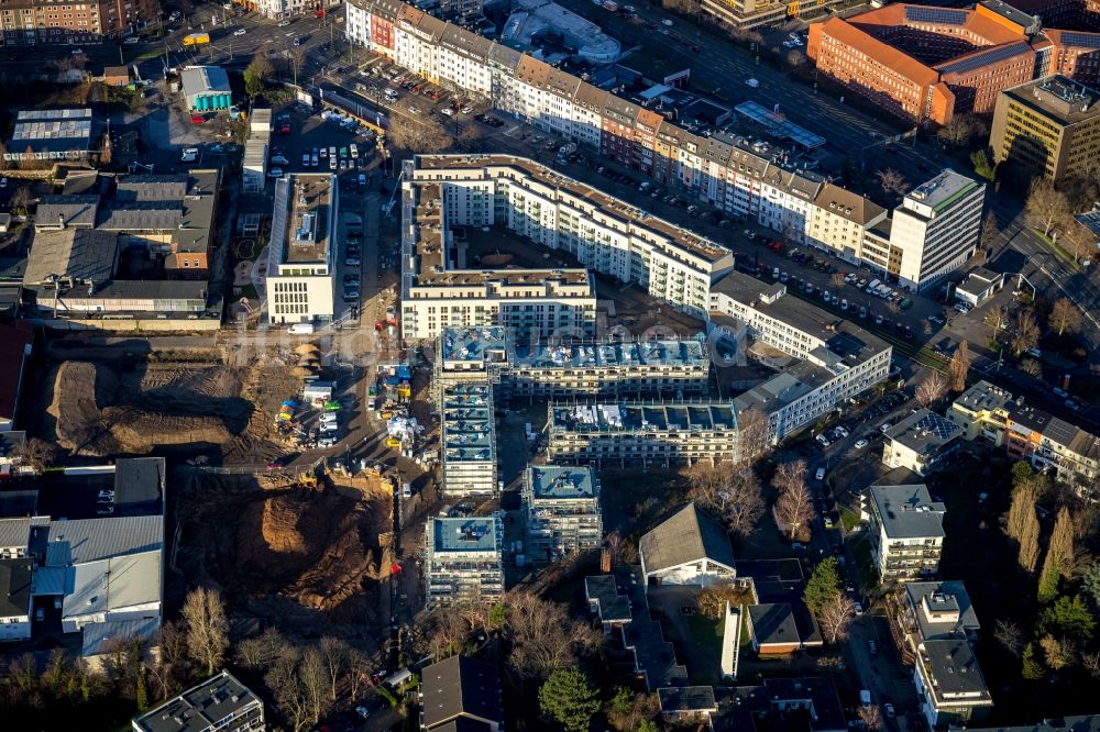 Luftbild Düsseldorf - Baustelle zum Neubau der Mehrfamilienhaus-Wohnanlage WILMA-Wohngebiet Freiraum im Ortsteil Bilk in Düsseldorf im Bundesland Nordrhein-Westfalen, Deutschland