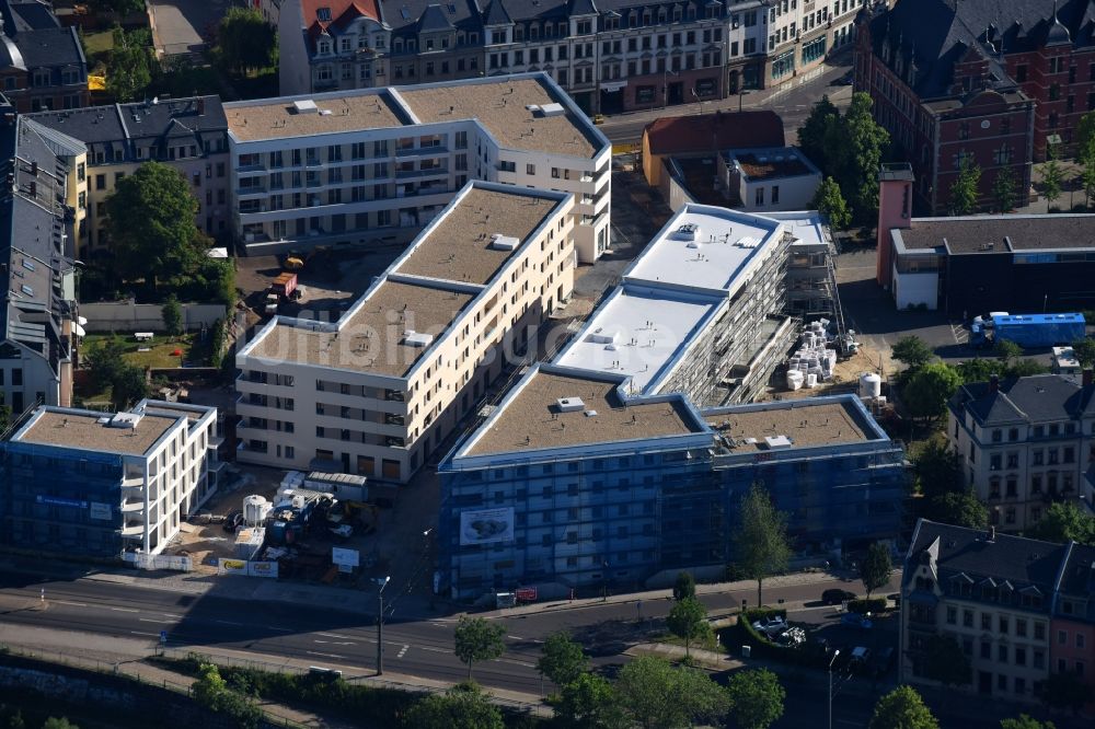 Dresden aus der Vogelperspektive: Baustelle zum Neubau einer Mehrfamilienhaus-Wohnanlage Wohnanlage Pieschen der Markus Projekt GmbH & Co. KG an der Leipziger Straße Ecke Konkordienstraße in Dresden im Bundesland Sachsen, Deutschland