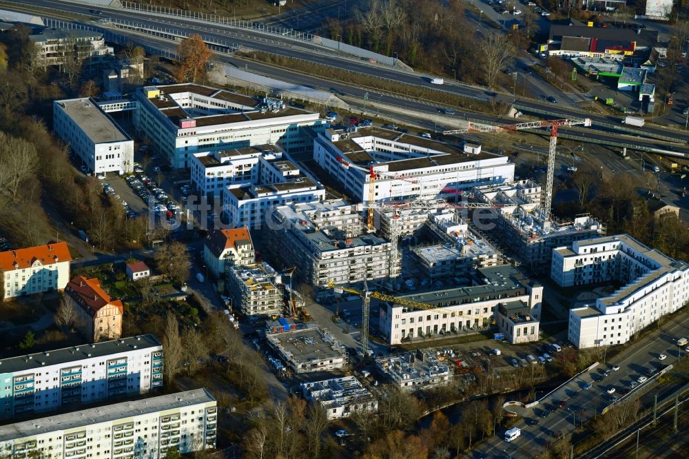 Potsdam aus der Vogelperspektive: Baustelle zum Neubau einer Mehrfamilienhaus-Wohnanlage der Wohnen an der Nuthe Vermögensverwaltungs GmbH in Potsdam im Bundesland Brandenburg, Deutschland