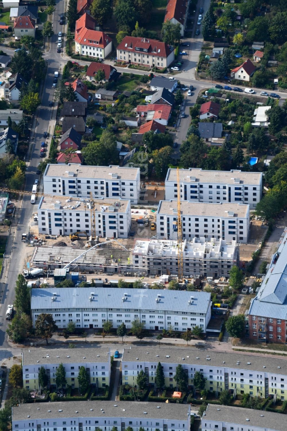 Luftbild Teltow - Baustelle zum Neubau einer Mehrfamilienhaus-Wohnanlage Wohnen am Striewitzweg der Bonava Deutschland GmbH in Teltow im Bundesland Brandenburg, Deutschland